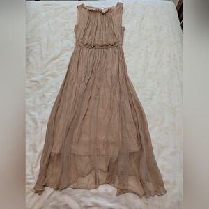 100% Silk beige sleeveless maxi dress with pleated neckline Size S